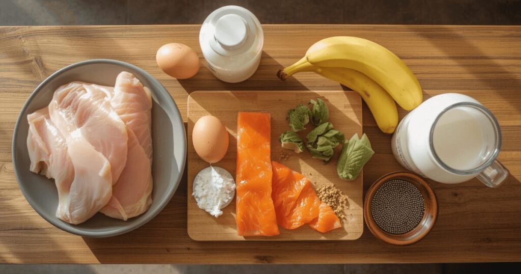 タンパク質が豊富な食材が並んだテーブルの様子