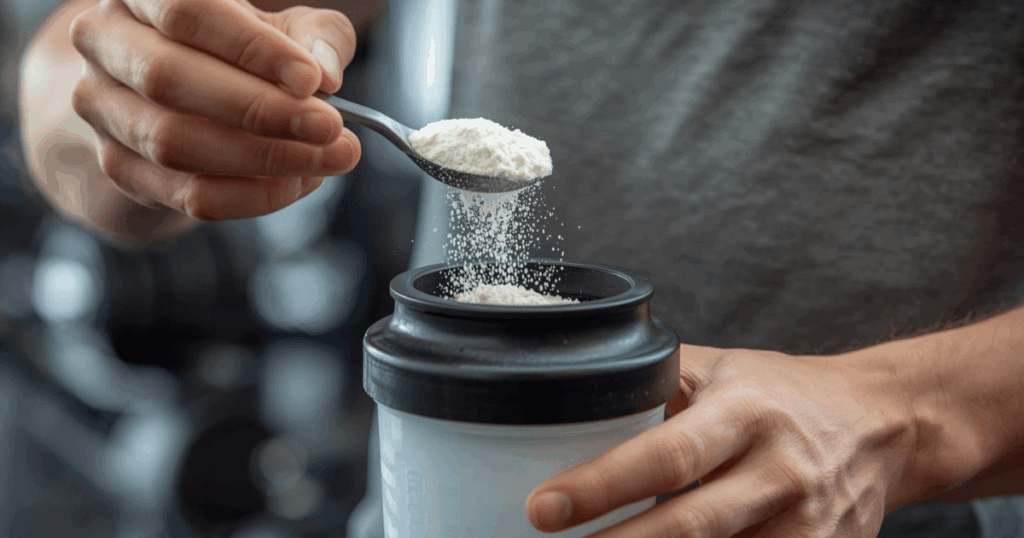 トレーニング後にプロテインシェイカーにサプリメントパウダーを入れている男性の手元