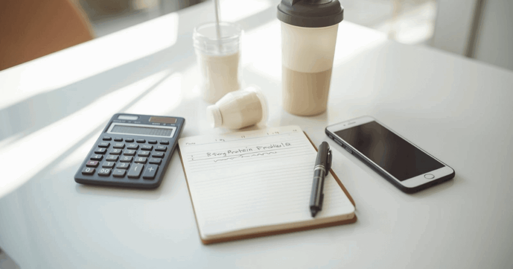 ノートに計算式を書きながらプロテインの量を計画している様子