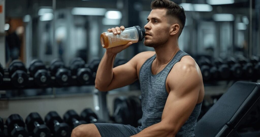 プロテインシェイカーを持ってトレーニング後に飲んでいる男性