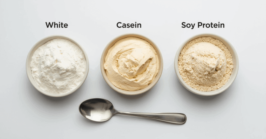 ホエイ・カゼイン・ソイの3種類のプロテインパウダーが並んでいる様子