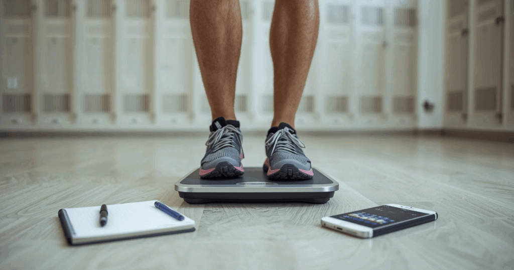 体重計に乗っている人とタンパク質食品のイメージ