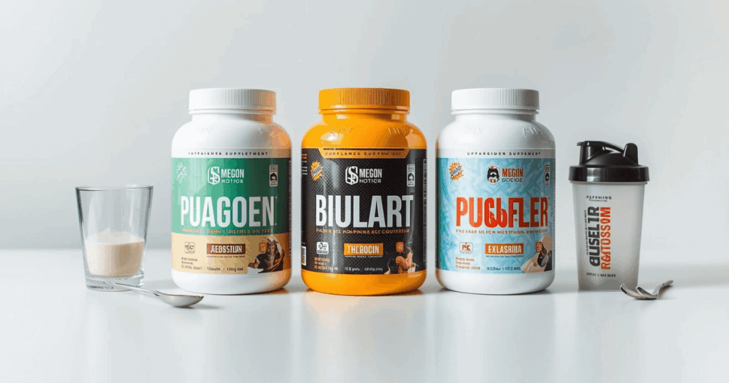 机の上にグルタミンサプリメントのパウダーが3種類並んでいる様子