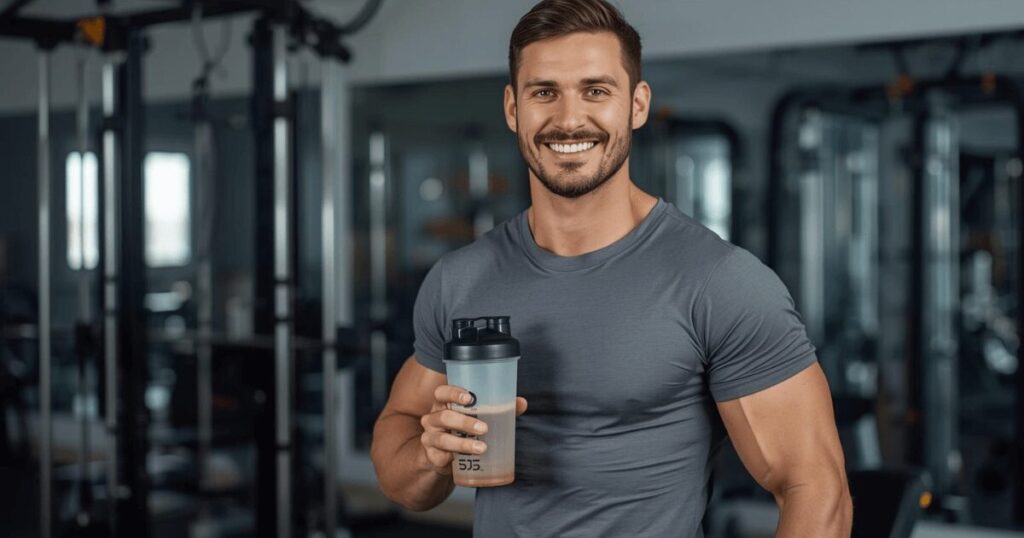 筋トレ後にプロテインを飲みながら達成感を感じている男性