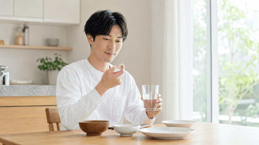 食事の後にコップの水でサプリを飲む30代男性。明るいキッチンでの自然光の写真