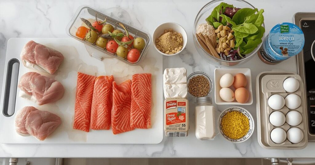 鶏むね肉や卵、魚などの高タンパク食品が並んだキッチンの様子