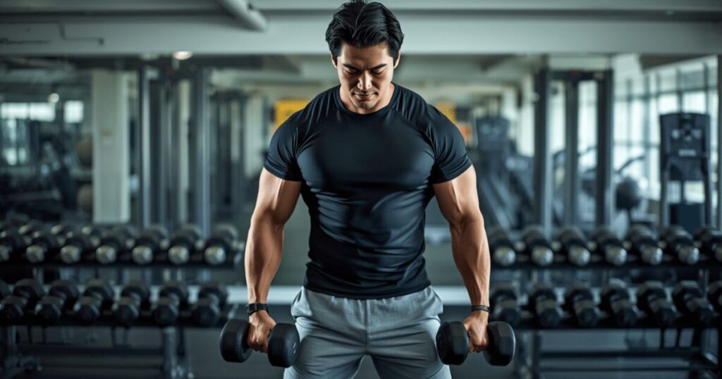 30代男性がスポーツウェアを着て明るいジムでダンベルトレーニングしているイメージ