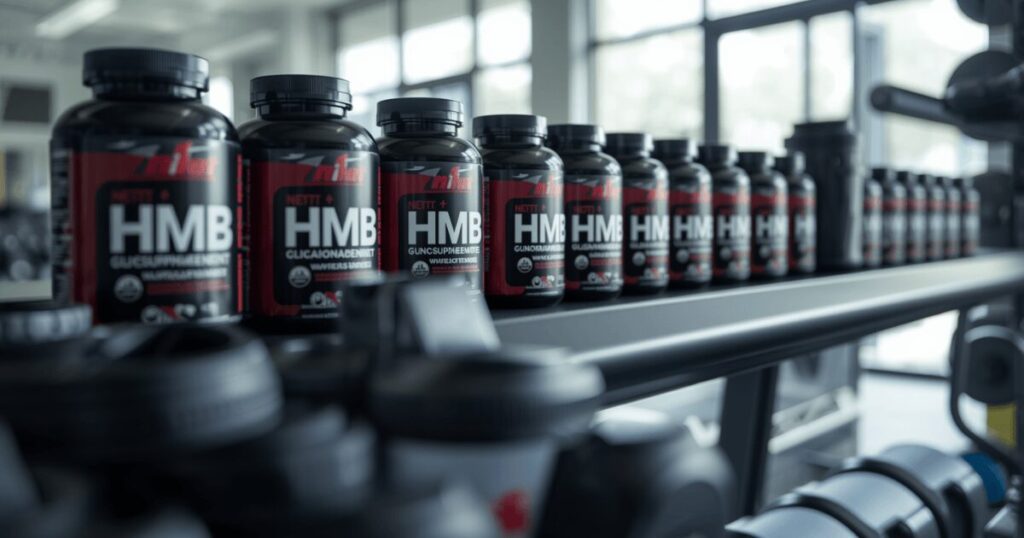 HMBサプリメントのボトルが並んでいる、明るい背景のイメージ写真