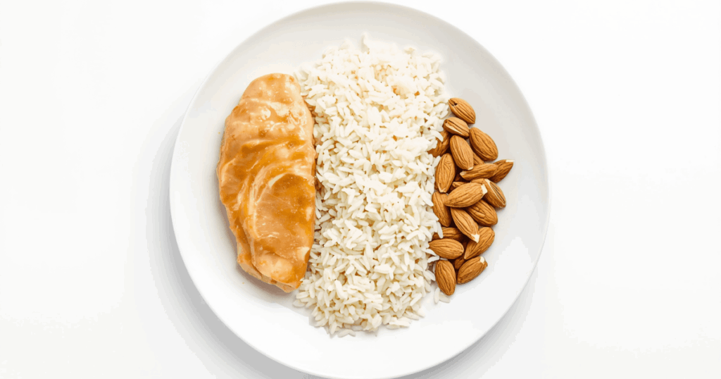 PFCバランスの計算表と食材の写真。プロテイン・炭水化物・脂質のイメージ