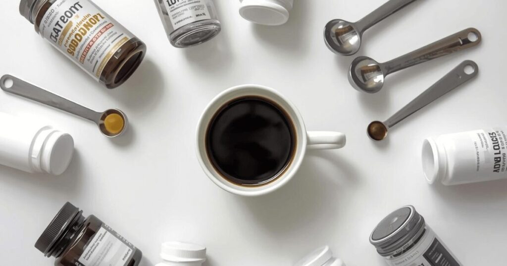 カフェイン摂取量の目安を示すコーヒーカップとメジャーカップ。適切な量を計測しているイメージ