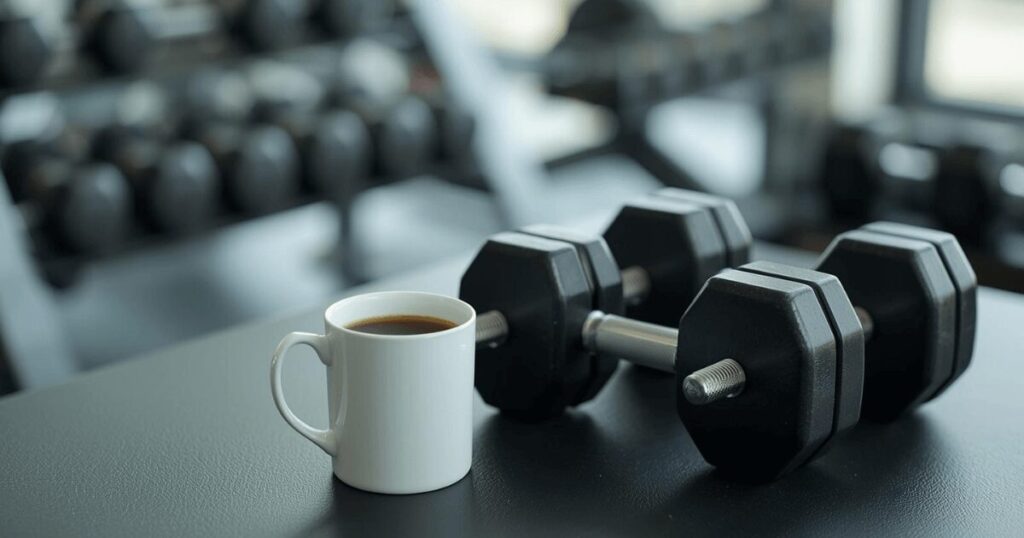 コーヒーカップとダンベルが並んでいるジムのテーブル。筋トレ前のカフェイン摂取のイメージ