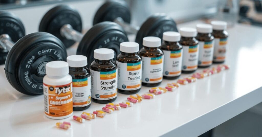 サプリメントとダンベルが並んでいる筋トレ向けの栄養補給イメージ