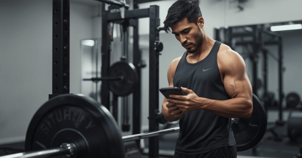 ジムでスマートフォンのトレーニング記録アプリを確認している男性