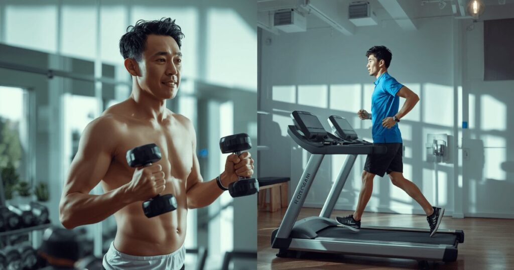 ジムでダンベルを持つ男性とトレッドミルで走る男性の対比イメージ