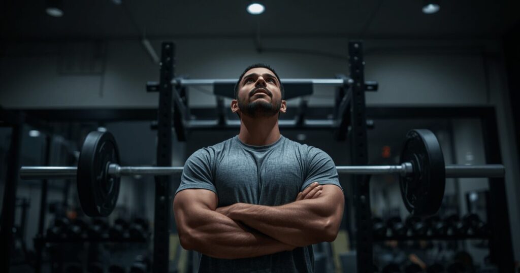 ジムでバーベルを前に考え込む男性（停滞期・プラトーのイメージ）