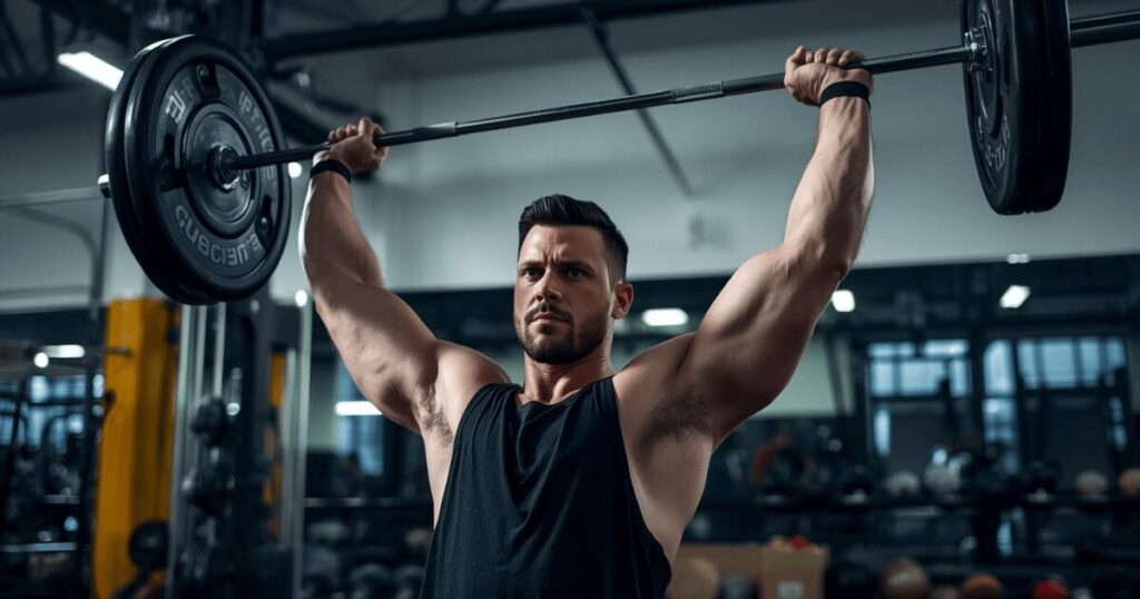 ジムでバーベルを力強く持ち上げる男性。筋力とパワーが向上した様子