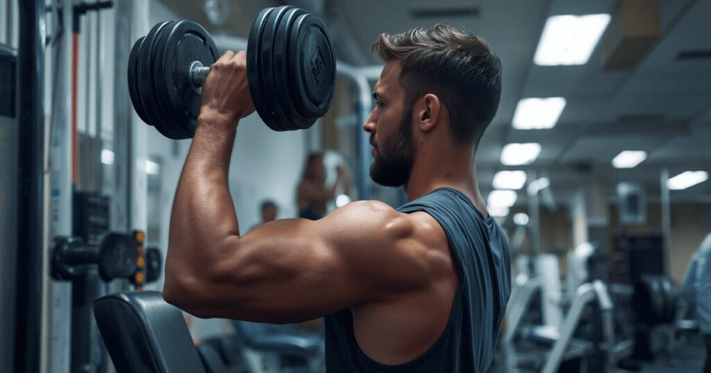 ジムで新しいトレーニング種目（ダンベルロウ）に取り組む男性（停滞期打破のイメージ）