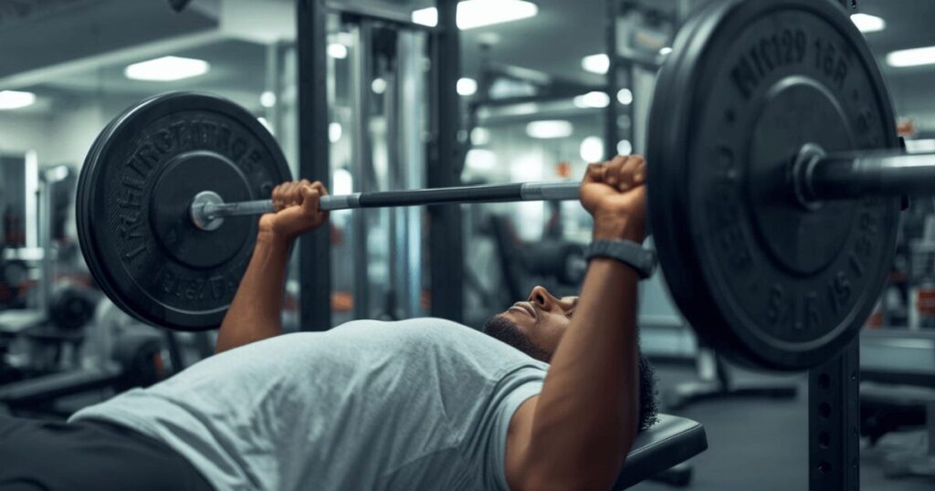 ジムで高重量のバーベルを使って筋トレをしている男性の様子