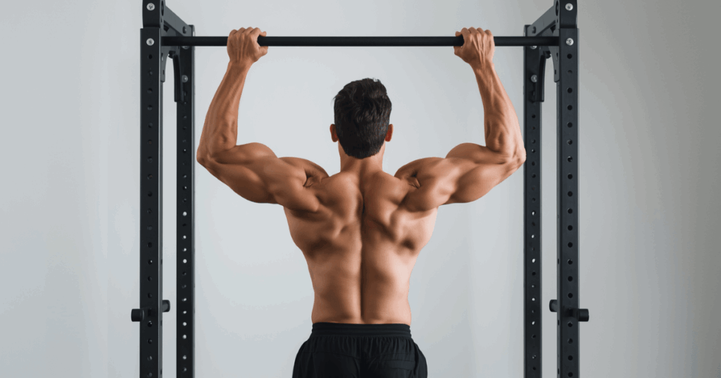 懸垂の正しいフォーム（順手グリップ・肩幅より少し広い位置でバーを握る）