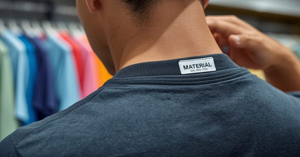 スポーツウェアの素材タグを確認している手元のアップイメージ