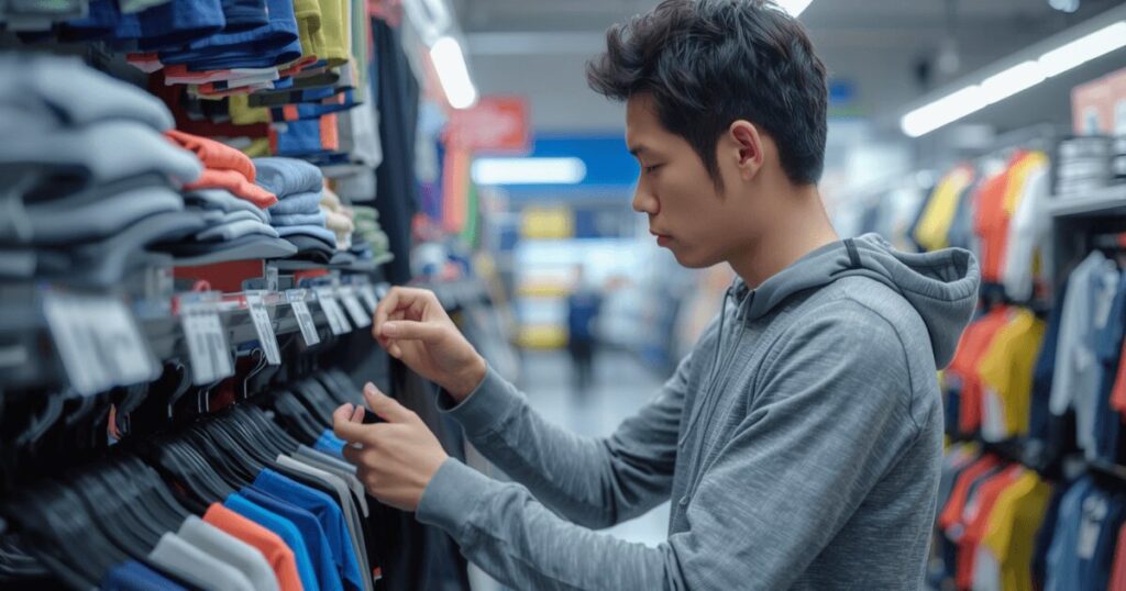 スポーツ用品店でウェアを選ぶ際に迷っている初心者のイメージ