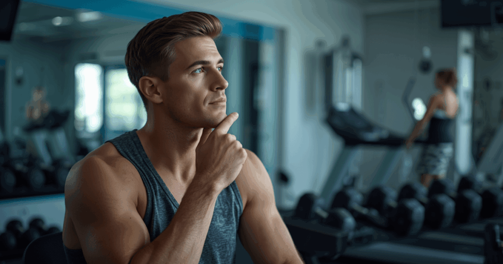 ダイエットと筋肉増加という2つの目標を前にして考える男性のイメージ