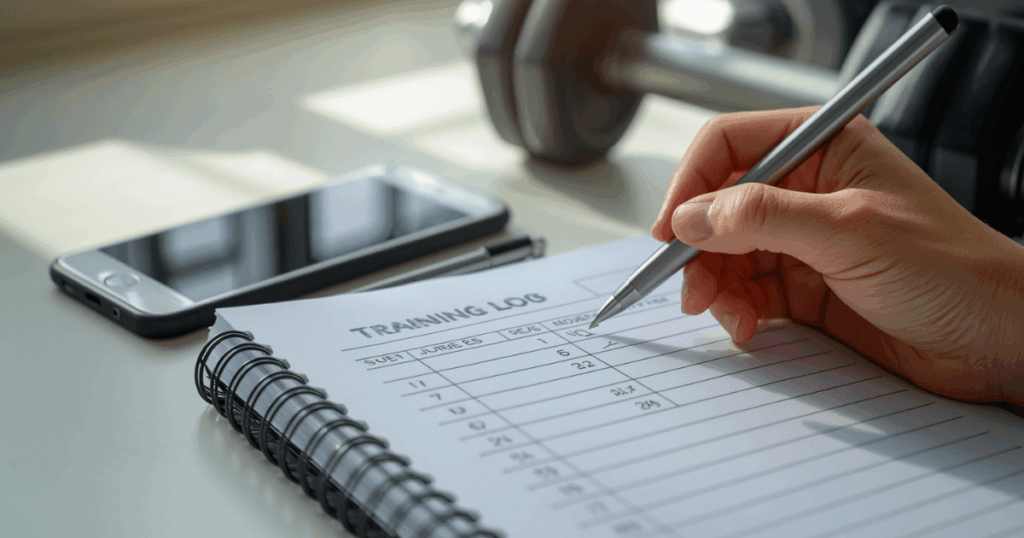 トレーニングノートに記録をつけている手元のイメージ
