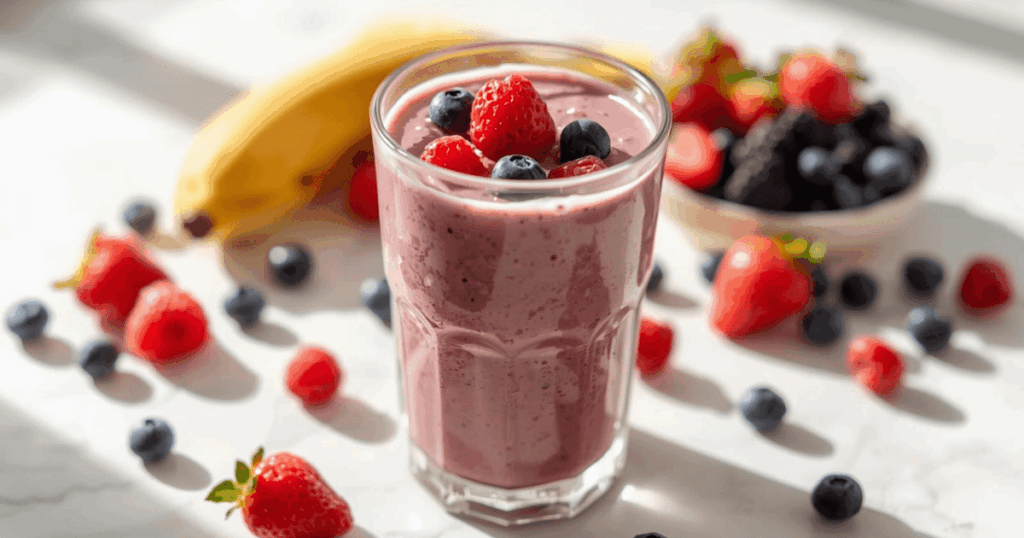 バナナやベリーなどのフルーツとプロテインを使ったスムージーが並んでいる様子