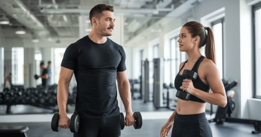 パーソナルジムでトレーナーと一対一でトレーニングをする初心者男性の様子