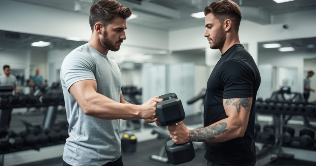 パーソナルトレーナーが明るいジムスタジオでクライアントのフォームを指導しているイメージ