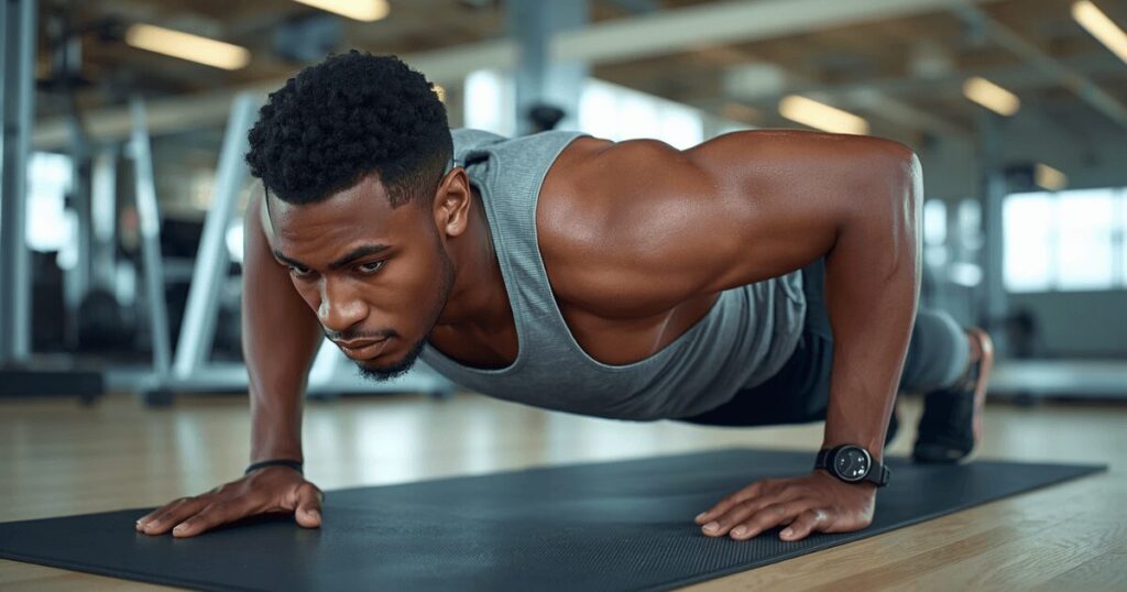 フィットネスジムのマットの上でプランクをする男性