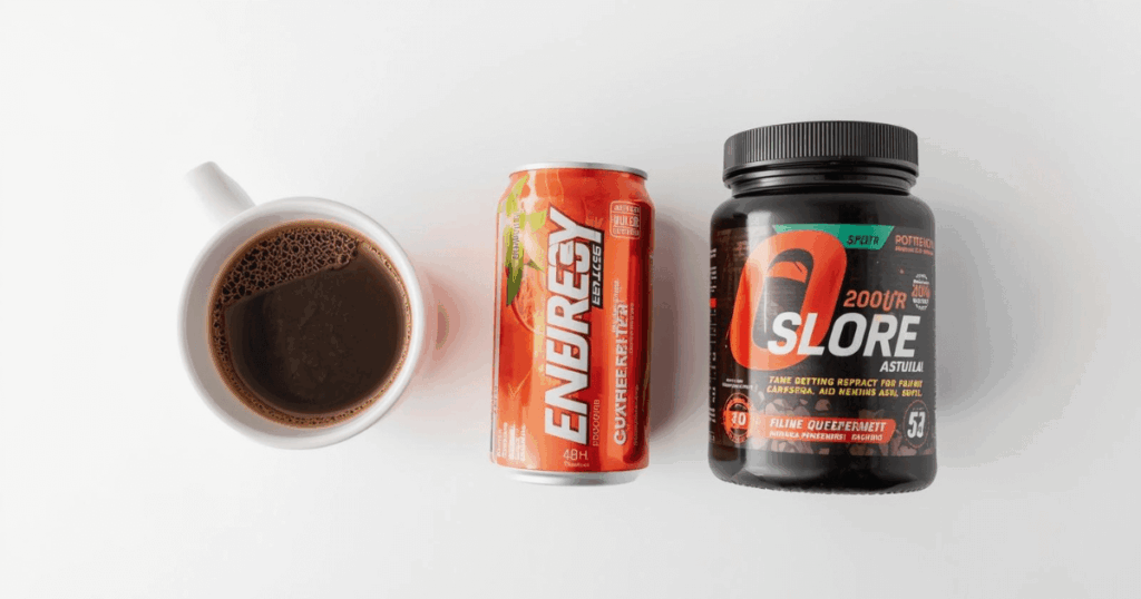 ブラックコーヒー、エナジードリンク、プレワークアウトサプリが並んだテーブル。3種類のカフェイン摂取方法の比較イメージ