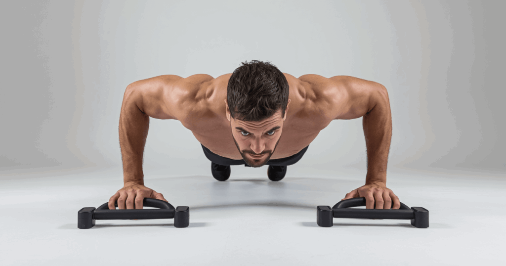 プッシュアップバーを使って腕立て伏せをする男性の自宅トレーニング