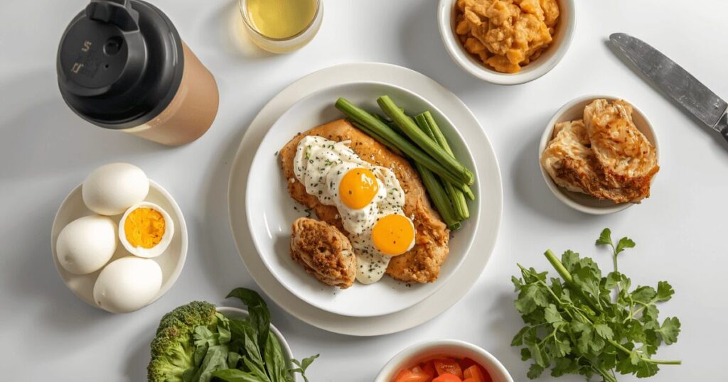 プロテインシェイカーと栄養バランスの良い食事のイメージ