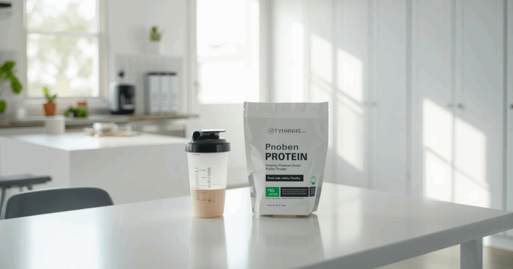 プロテインシェイカーと粉末プロテインが並んでいる様子