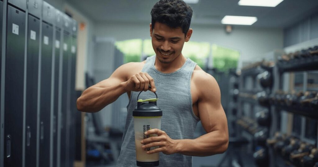 プロテインシェイカーを正しい方法でシェイクしている様子
