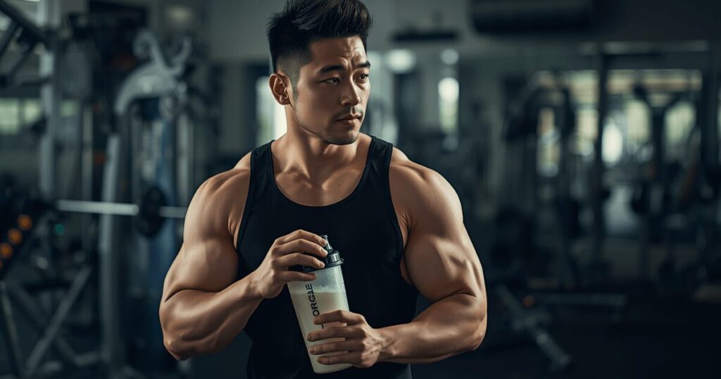   プロテインパウダーとシェイカーを持つ男性のトレーニング後の写真