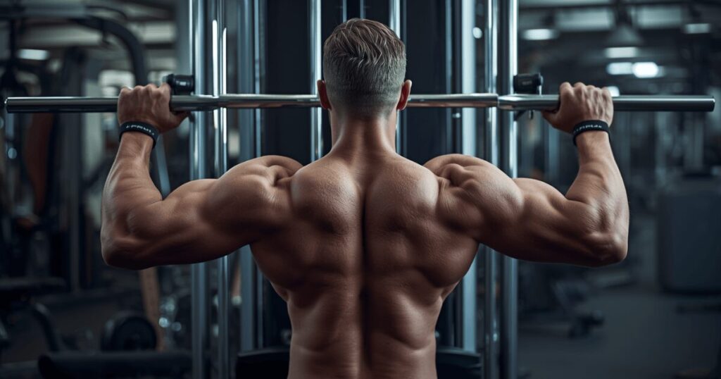 ラットプルダウンマシンで背中を鍛える男性（ジムでのトレーニング）