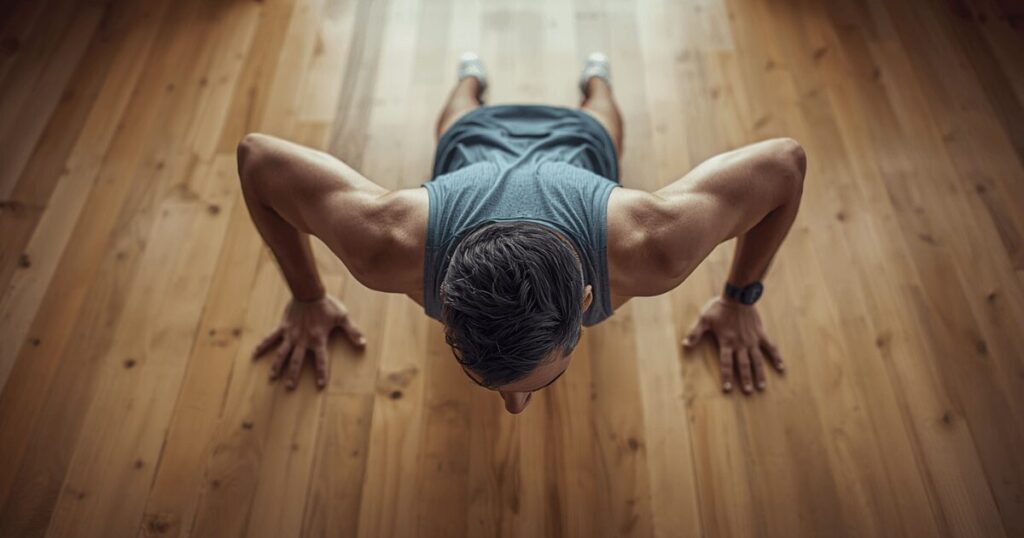 ワイドプッシュアップやナロープッシュアップなど腕立て伏せのバリエーションを行う男性