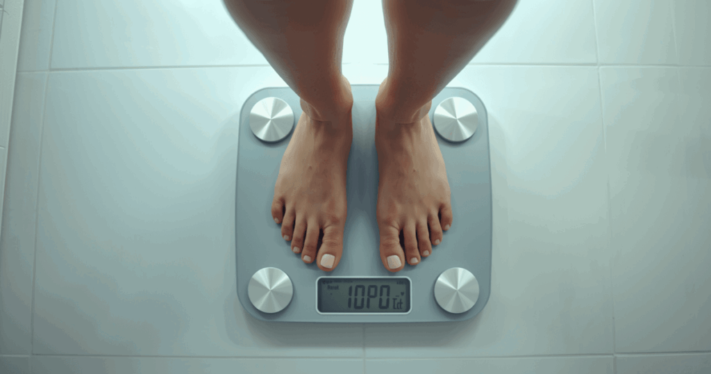 体組成計を手に持って体脂肪率を確認している人の写真