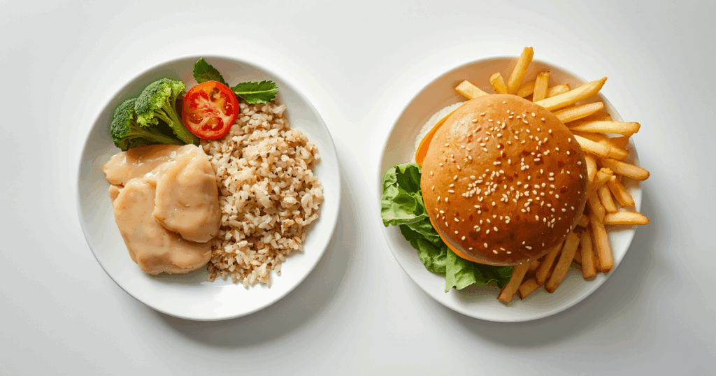   健康的な食材と不健康な食材を対比した写真。クリーンバルクとダーティバルクのイメージ