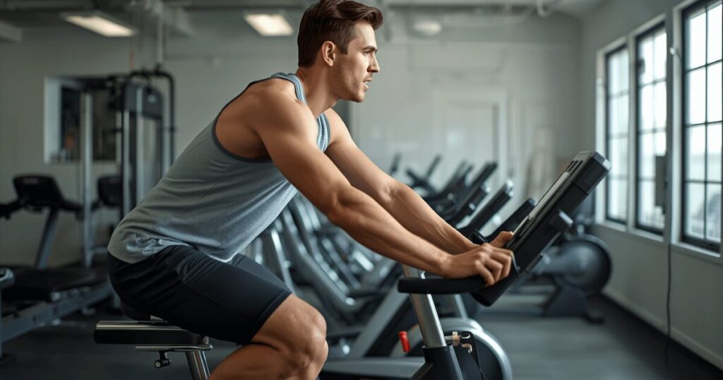 初心者がジムでスクワットをしてからエアロバイクで有酸素運動をするイメージ