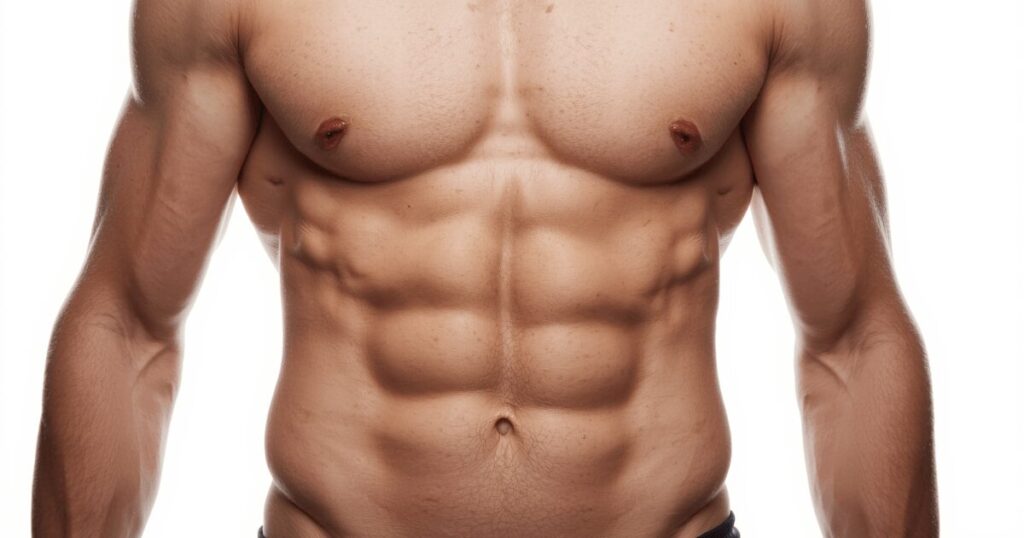 割れた腹筋を持つ男性の腹部のリアルな写真風イメージ