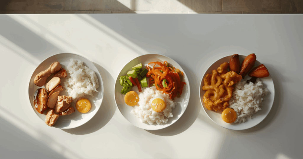 増量期の1日の食事メニューを並べた写真。3食と間食のイメージ