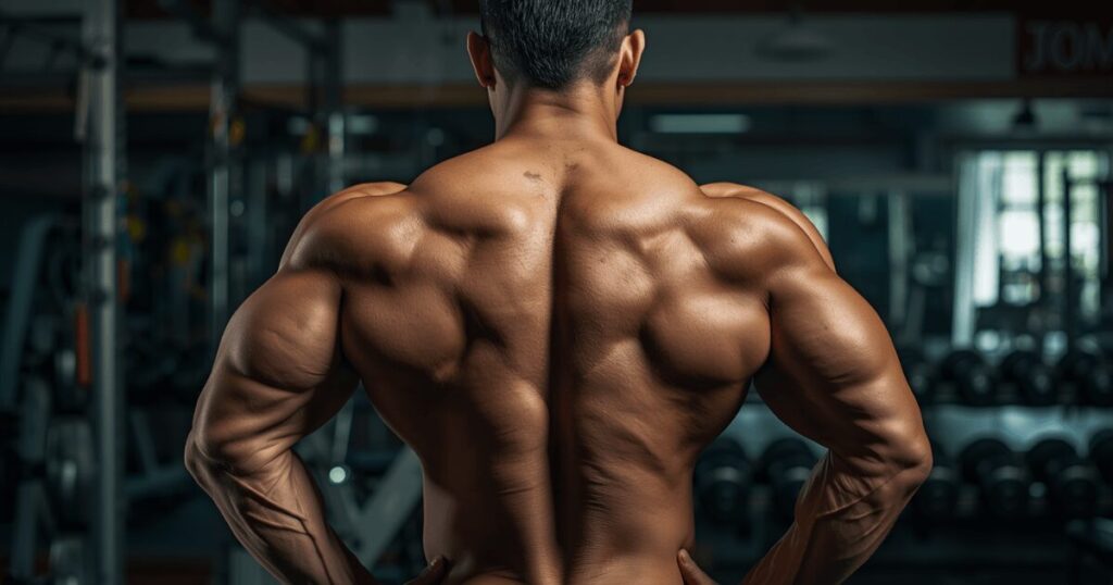 懸垂で鍛えられる背中の筋肉（広背筋・僧帽筋）のイメージ図