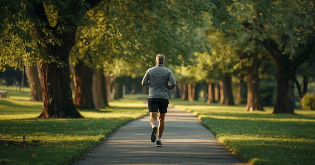 早朝の公園でジョギングをしている男性の後ろ姿