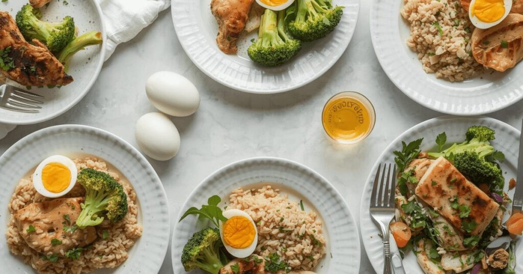 減量期の食事管理をしている様子。高タンパクな食材が並んだ食卓