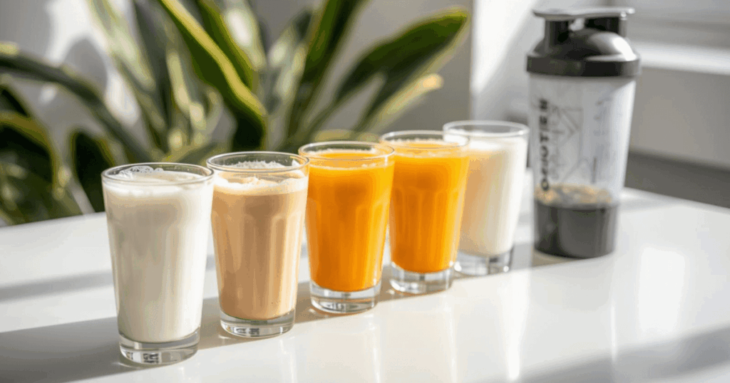 牛乳・豆乳・アーモンドミルクなど複数の飲み物とプロテインシェイカーが並んでいる様子