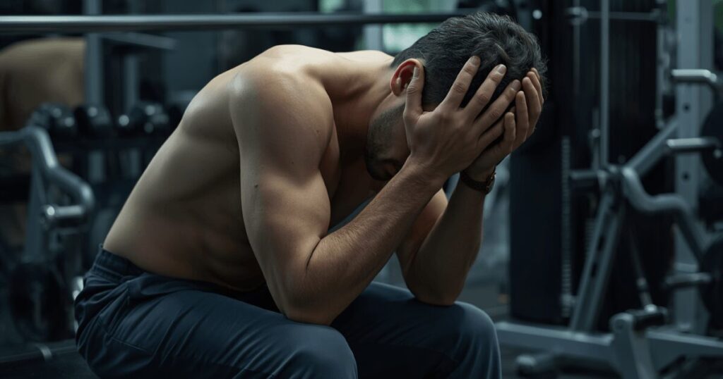 疲れ果ててジムのベンチで休む男性のイメージ