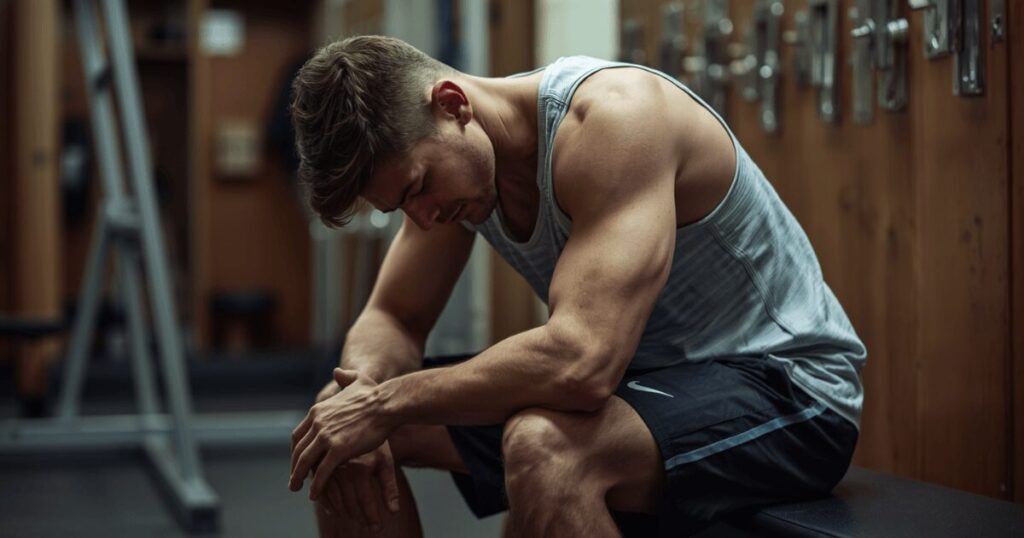 筋トレのやる気が出ず悩んでいる男性がジムのロッカールームで座っているイメージ